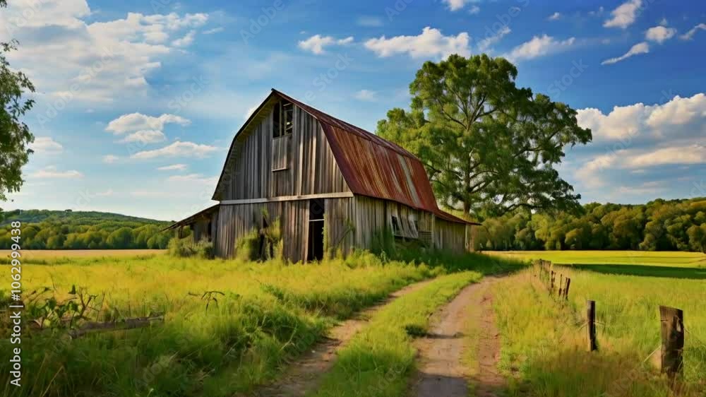 A rustic barn surrounded by lush greenery and a winding dirt path under a blue sky. A rustic barn surrounded by lush greenery and a winding dirt path under a blue sky.
