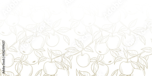 White apple background, line art fruit illustration seamless repeating pattern, vector wallpaper, horizontal gradient cover design