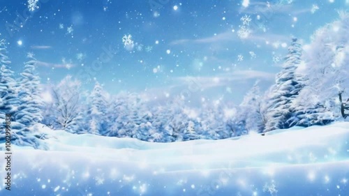 Wallpaper Mural A serene winter landscape with falling snowflakes and snow-covered trees under a blue sky. Torontodigital.ca