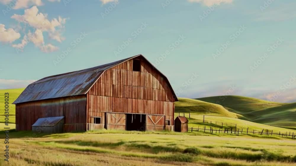 A rustic red barn surrounded by green fields under a blue sky with fluffy clouds. A rustic red barn surrounded by green fields under a blue sky with fluffy clouds.