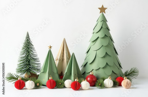 Colorful paper Christmas trees and ornaments displayed for festive holiday decoration photo