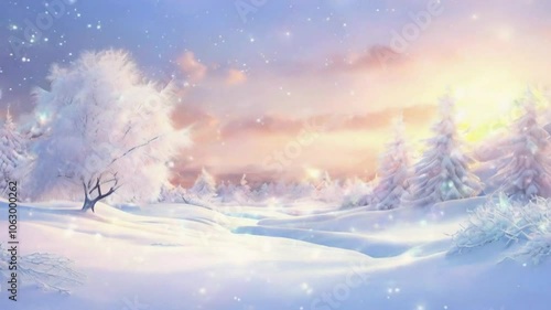 Wallpaper Mural A serene winter landscape with snow-covered trees and a colorful sunrise in the background. Torontodigital.ca