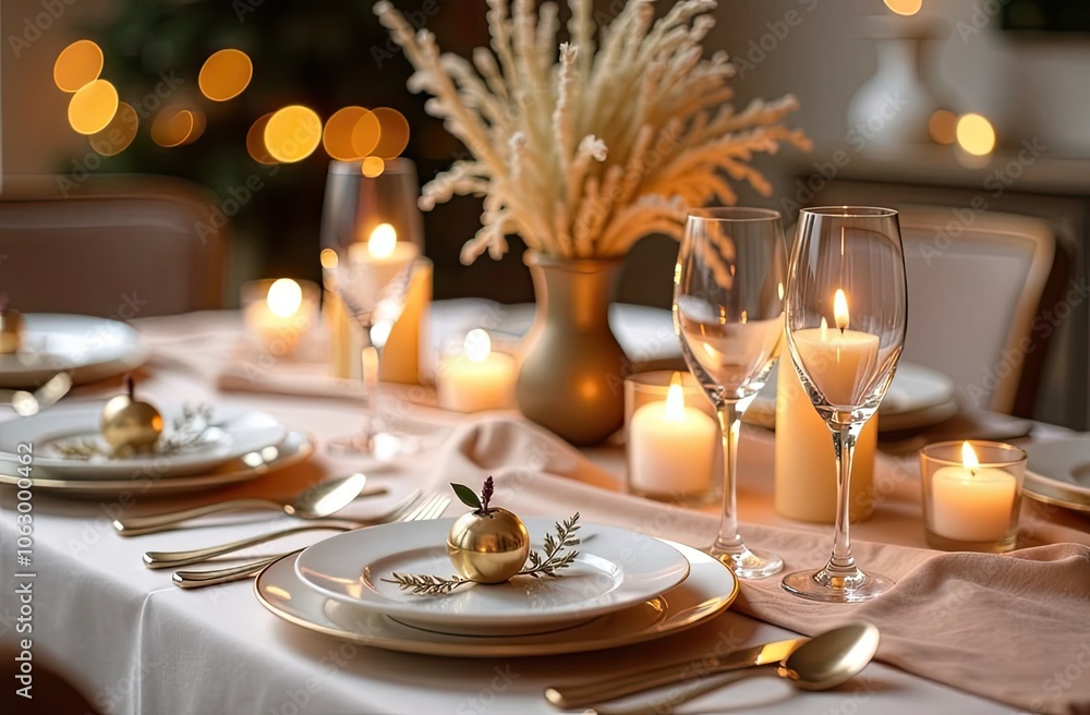 Elegant table setting with candles and decor for a festive dinner gathering at night Elegant table setting with candles and decor for a festive dinner gathering at night