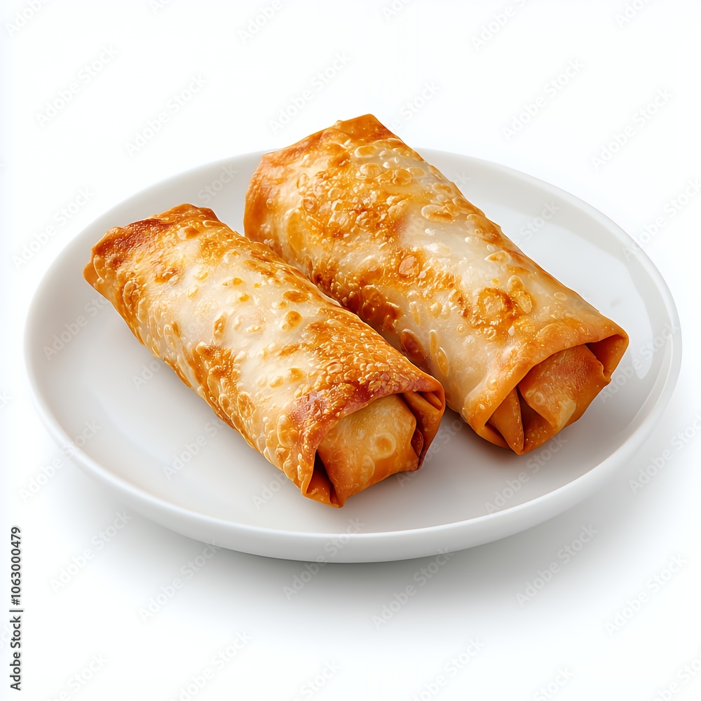 Two crispy golden egg rolls on a white plate. Two crispy golden egg rolls on a white plate.