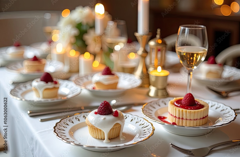 Elegant dessert table with cupcakes, candles, and fresh raspberries set for a special occasion Elegant dessert table with cupcakes, candles, and fresh raspberries set for a special occasion