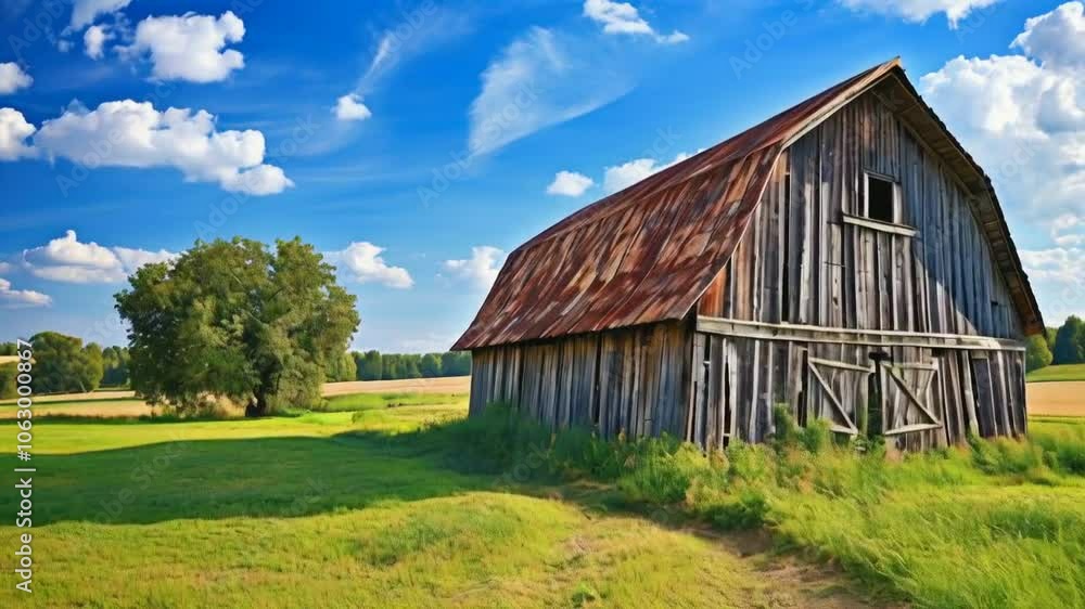 A rustic barn surrounded by lush greenery under a bright blue sky with scattered clouds. A rustic barn surrounded by lush greenery under a bright blue sky with scattered clouds.