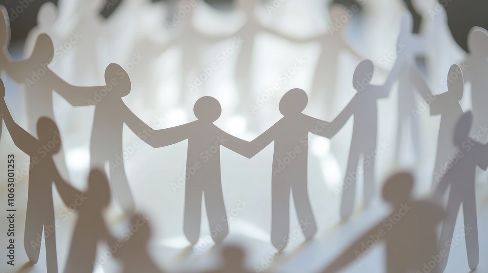Close-up of paper people cutouts forming a ring, hands connected, suggesting solidarity and shared purpose Close-up of paper people cutouts forming a ring, hands connected, suggesting solidarity and shared purpose