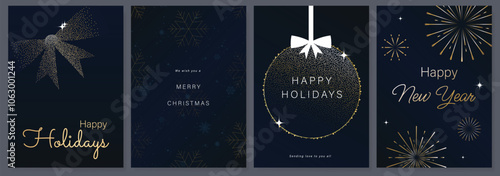 Luxury gold happy holiday invitation card design vector. Christmas bauble, snowflake, ribbon, firework with spot texture on navy blue background. Design illustration for cover, print, poster, ads.