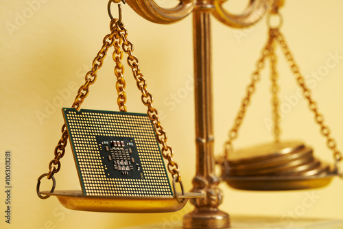 computer chip and coins on balance libra scale on yellow background