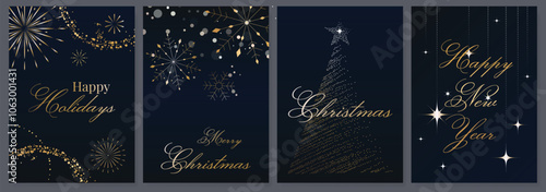 Luxury gold happy holiday invitation card design vector. Christmas tree, snowflake, firework with spot texture on navy blue background. Design illustration for cover, print, poster, ads.