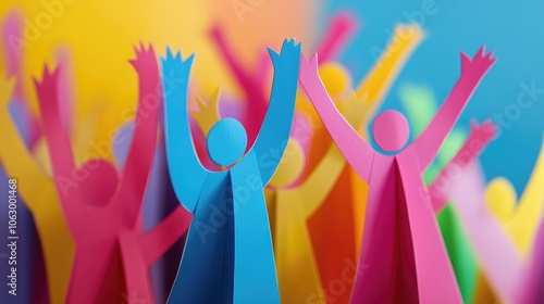 Colorful paper people standing together, arms raised as if cheering in support and shared enthusiasm photo