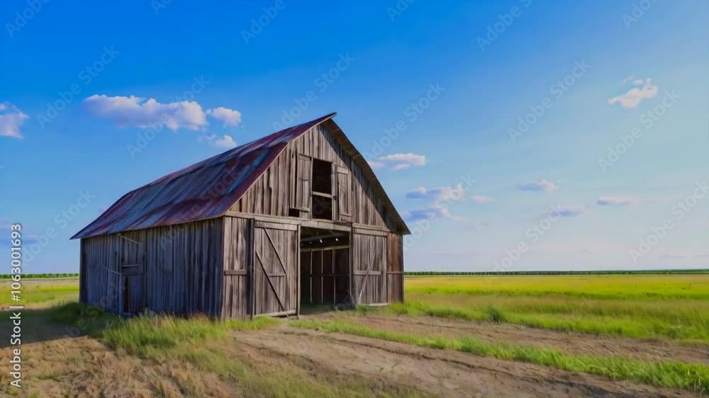 A rustic barn stands in a green field under a blue sky with scattered clouds. A rustic barn stands in a green field under a blue sky with scattered clouds.