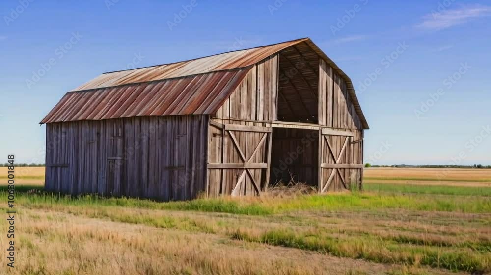A rustic wooden barn with a metal roof set against a clear blue sky and grassy landscape. A rustic wooden barn with a metal roof set against a clear blue sky and grassy landscape.