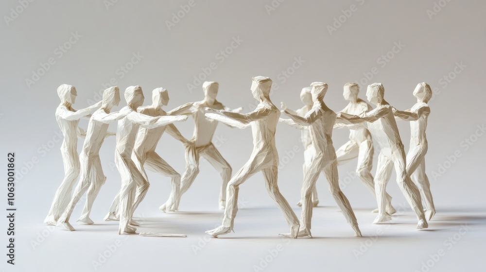 Group of paper people forming a supportive circle, each figure angled slightly forward, engaged in conversation Group of paper people forming a supportive circle, each figure angled slightly forward, engaged in conversation