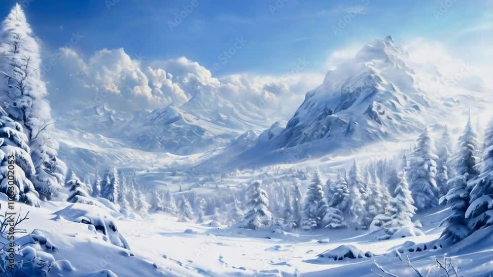 A serene winter landscape featuring snow-covered mountains and a tranquil valley. A serene winter landscape featuring snow-covered mountains and a tranquil valley.