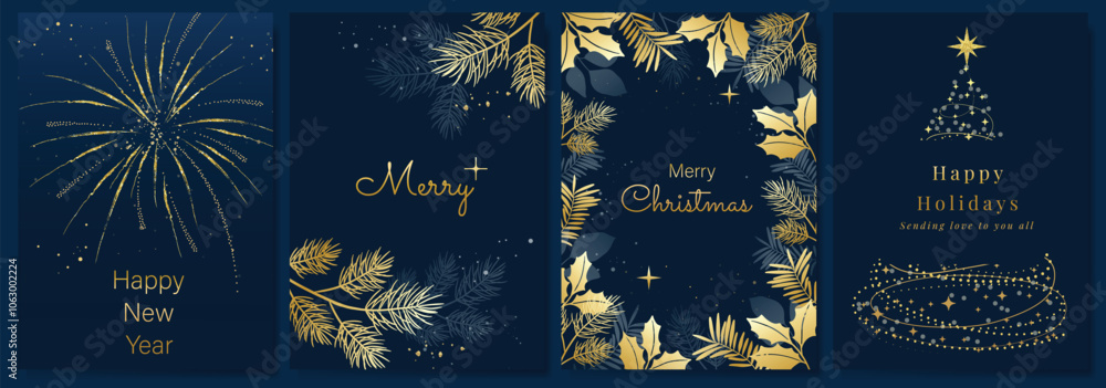 Naklejka premium Luxury gold happy holiday invitation card design vector. Christmas tree, leaves, holly, firework with spot texture on navy blue background. Design illustration for cover, print, poster, ads.