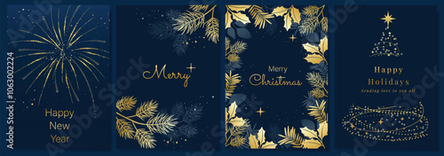 Christmas Luxury gold happy holiday invitation card design vector. Christmas tree, leaves, holly, firework with spot texture on navy blue background. Design illustration for cover, print, poster, ads.
