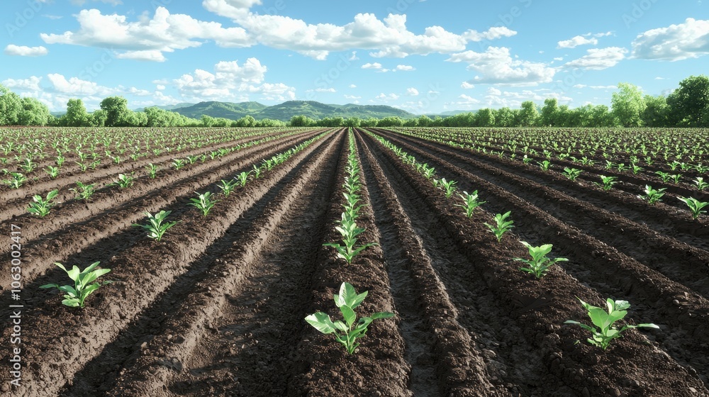 A vast agricultural field features rows of young plants under a bright blue sky, showcasing a serene farming landscape with distant mountains. A vast agricultural field features rows of young plants under a bright blue sky, showcasing a serene farming landscape with distant mountains.