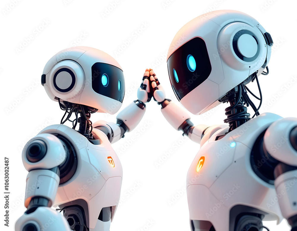 High-tech Cute Cartoon Robots Touching Hands, 3D AI Robot Futuristic Style High-tech Cute Cartoon Robots Touching Hands, 3D AI Robot Futuristic Style