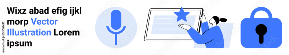 Blue microphone, tablet with star, and padlock highlight digital security. Ideal for cybersecurity, privacy protection, secure communication, data encryption, user interface design, software Blue microphone, tablet with star, and padlock highlight digital security. Ideal for cybersecurity, privacy protection, secure communication, data encryption, user interface design, software