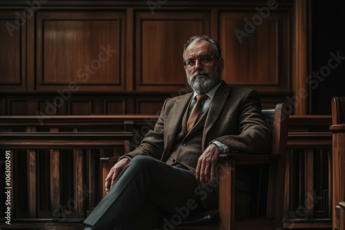 Portrait of old experienced serious lawyer sitting in his chair in the law office on dark background and looking serious