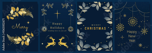Luxury gold happy holiday invitation card design vector. Christmas bauble, leaves, reindeer with gold foil texture on navy blue background. Design illustration for cover, print, poster, ads.