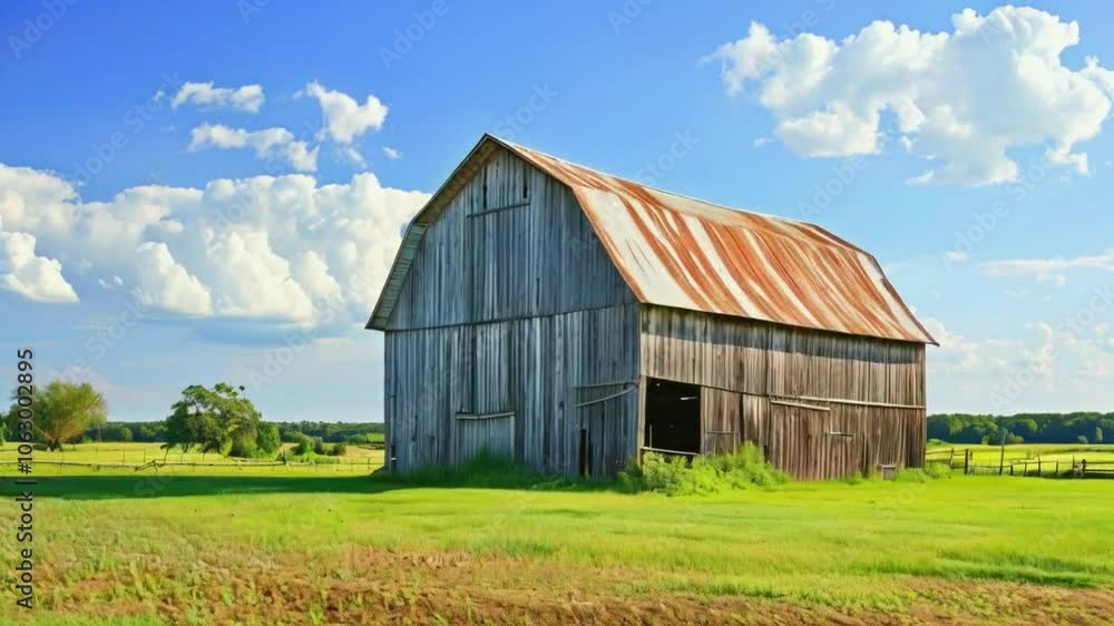 A rustic barn with a weathered roof, surrounded by lush green fields under a blue sky. A rustic barn with a weathered roof, surrounded by lush green fields under a blue sky.