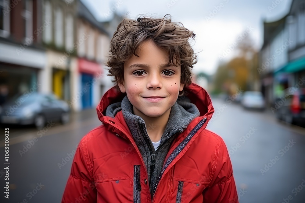 Portrait of a boy in a red jacket on the street. Portrait of a boy in a red jacket on the street.