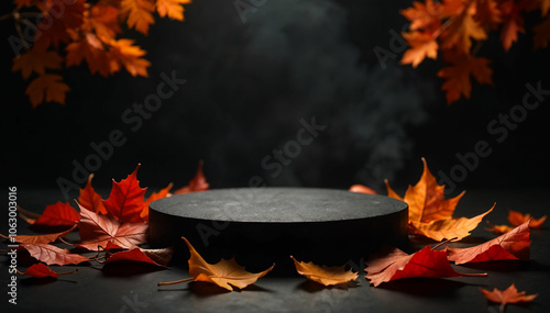 Black Friday Product Display with Fall Foliage - Dark and Moody Product Photography Background, product stage high quality image