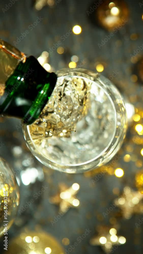 Super Slow Motion of Pouring Champagne Wine into Glass. Filmed on High Speed Cinema Camera, 1000 fps. Vertical Aspect Ratio. Super Slow Motion of Pouring Champagne Wine into Glass. Filmed on High Speed Cinema Camera, 1000 fps. Vertical Aspect Ratio.