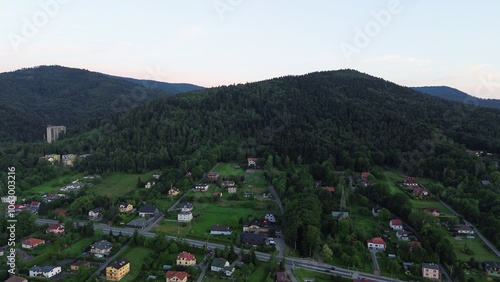 Small Town in Green Valley Aerial View