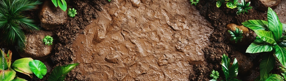 A close-up view of rich, moist soil surrounded by lush green foliage, suggesting a natural and vibrant environment. A close-up view of rich, moist soil surrounded by lush green foliage, suggesting a natural and vibrant environment.