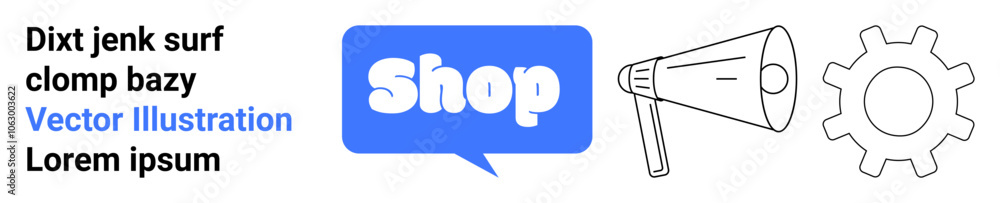 Speech bubble with Shop text in blue adjacent to megaphone and gear icons. Ideal for e-commerce digital marketing online stores SEO business promotions and technology websites. Banner for landing Speech bubble with Shop text in blue adjacent to megaphone and gear icons. Ideal for e-commerce digital marketing online stores SEO business promotions and technology websites. Banner for landing