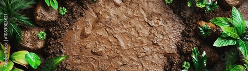 A close-up view of rich, moist soil surrounded by lush green foliage, suggesting a natural and vibrant environment.