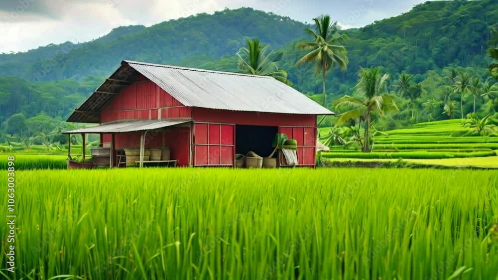 A red barn surrounded by lush green rice fields and palm trees under a mountainous backdrop. A red barn surrounded by lush green rice fields and palm trees under a mountainous backdrop.