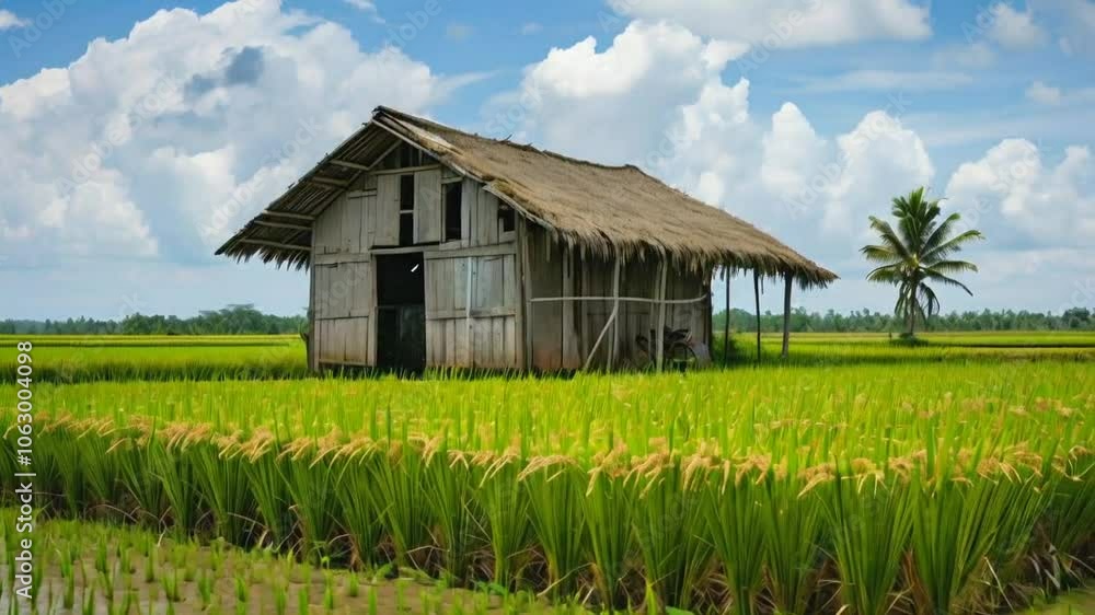 A rustic bamboo house surrounded by lush green rice fields under a blue sky with clouds.