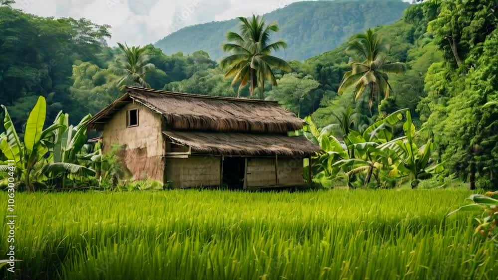 A serene rural scene featuring a thatched-roof house surrounded by lush greenery and rice fields. A serene rural scene featuring a thatched-roof house surrounded by lush greenery and rice fields.