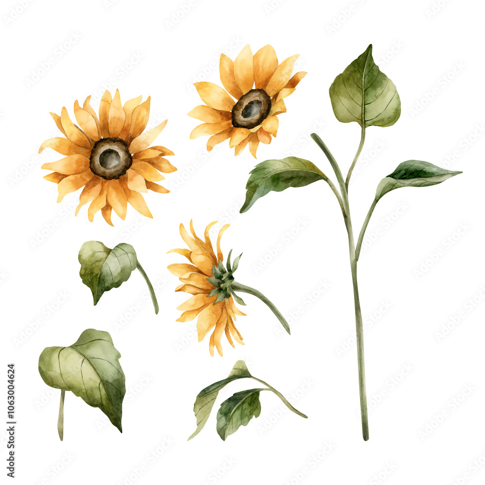 Fototapeta premium Sunflowers. Set of autumn yellow garden flowers. Watercolor hand drawn floral illustration isolated on white background