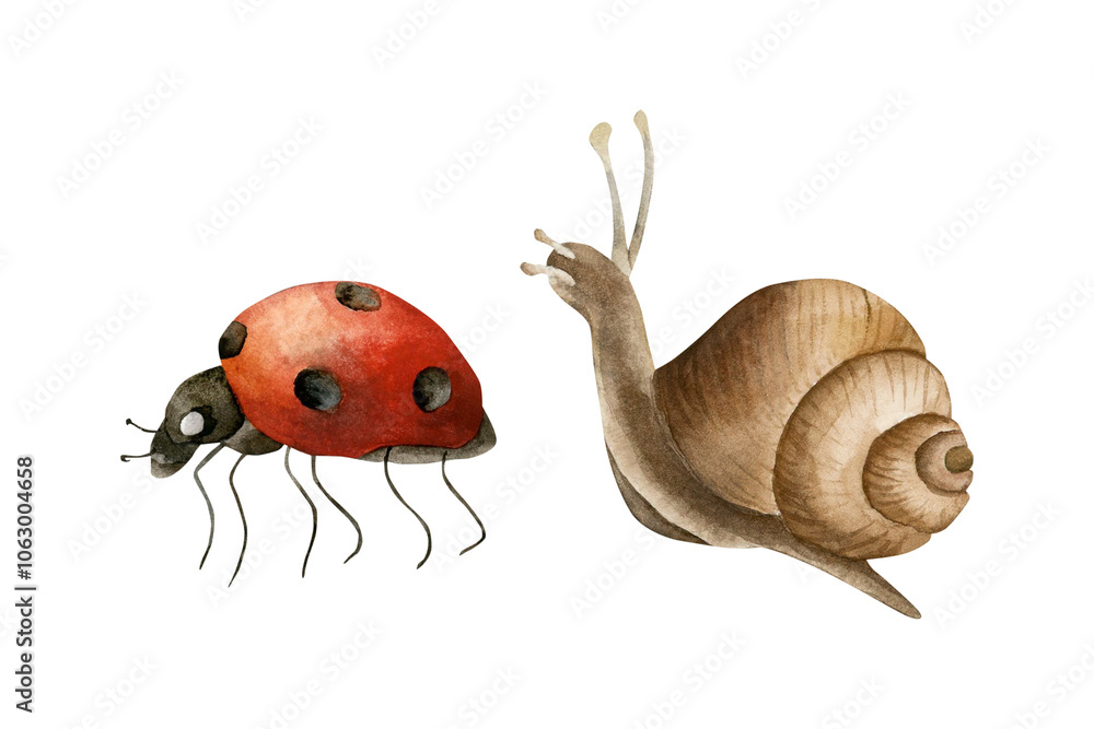 Ladybug and snail. Set of garden insect. Watercolor hand drawn animal isolated illustration for fall design,