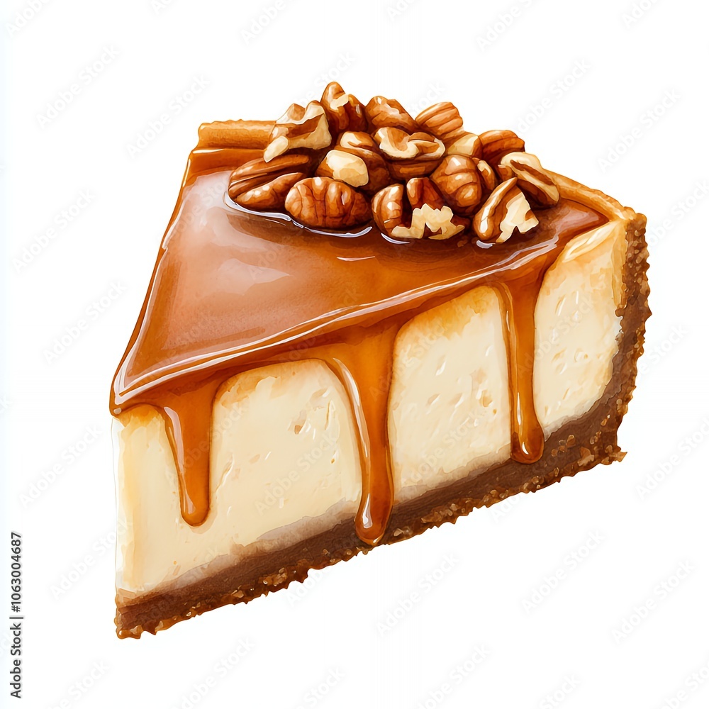 A slice of cheesecake with caramel sauce and pecans.
