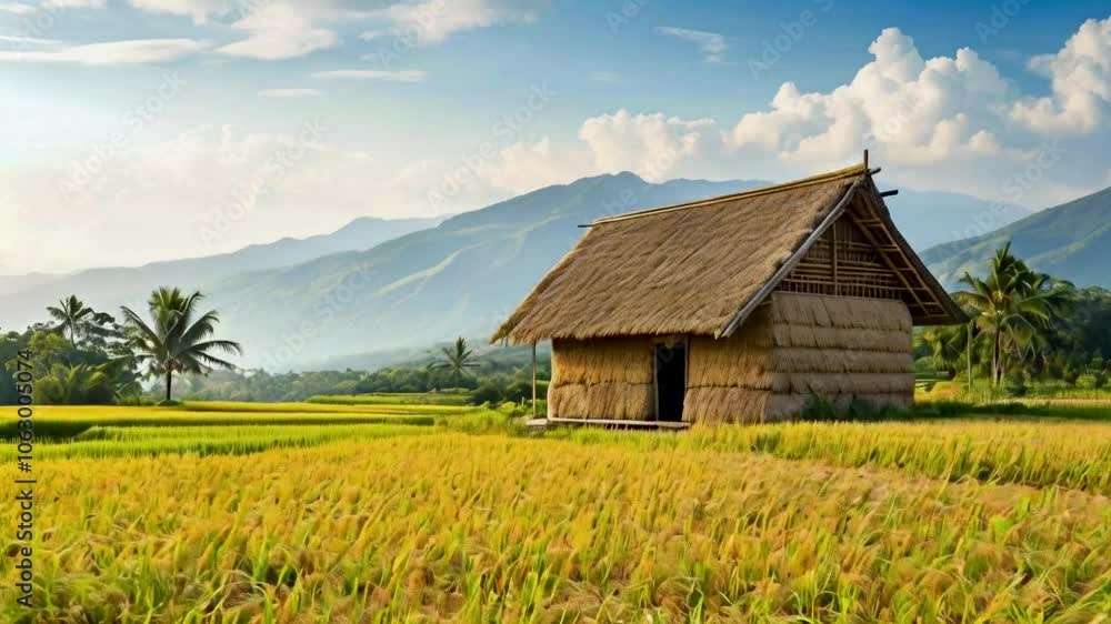 A serene landscape featuring a straw hut amidst golden rice fields and mountains. A serene landscape featuring a straw hut amidst golden rice fields and mountains.