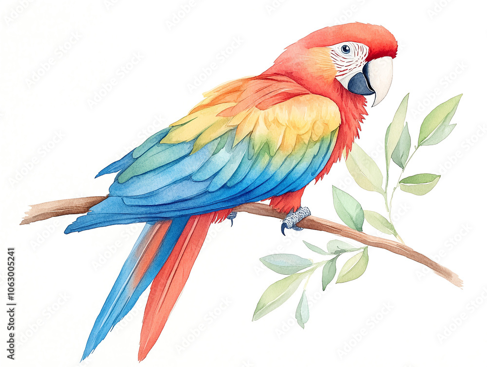 Fototapeta premium vibrant macaw perched on branch, showcasing its colorful feathers and lively expression. This beautiful bird features mix of red, blue, and green hues, surrounded by delicate leaves
