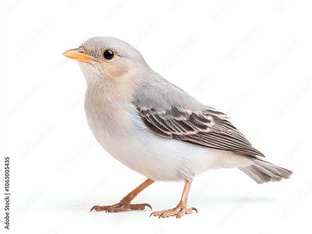 small, gray bird with distinctive orange beak and large eyes, standing on white background, showcasing its delicate features and elegant posture small, gray bird with distinctive orange beak and large eyes, standing on white background, showcasing its delicate features and elegant posture