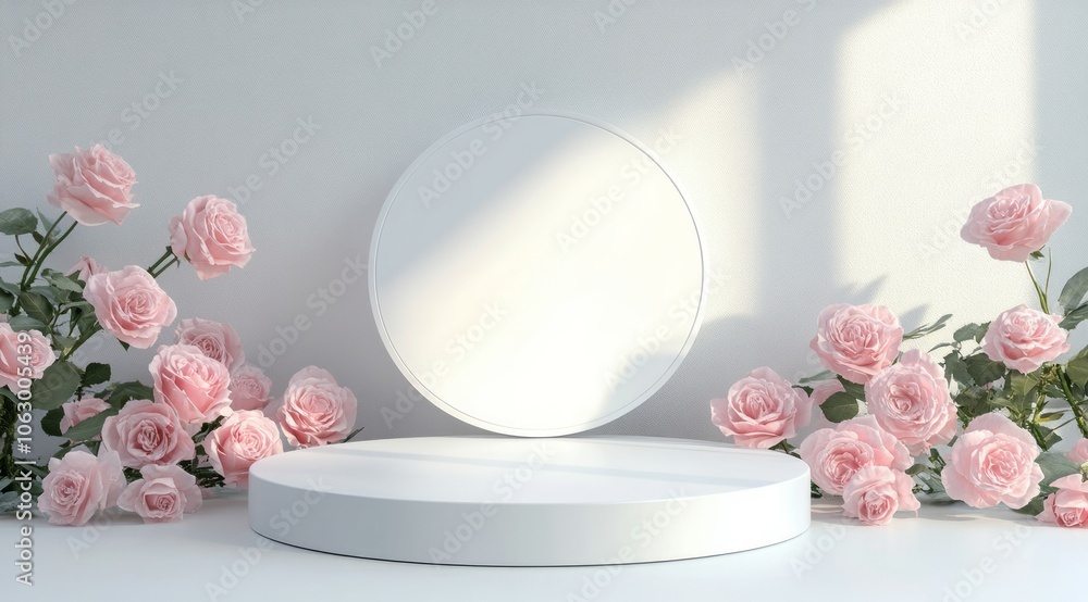 Blank podium with pink roses on pink cloud background. Showcase for any product, such perfume, jewelry and cosmetic presentation Blank podium with pink roses on pink cloud background. Showcase for any product, such perfume, jewelry and cosmetic presentation