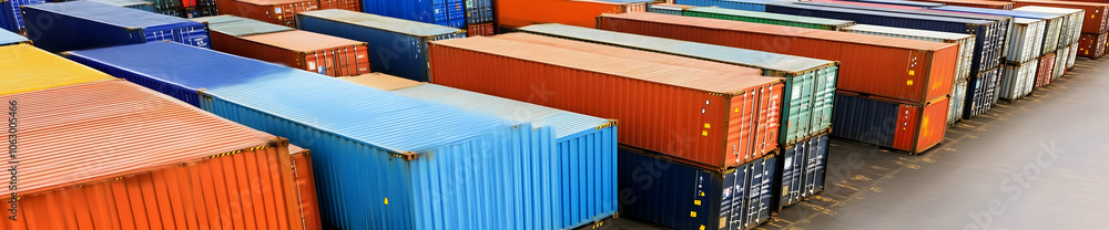 Aerial view of colorful shipping containers stacked in a port for transport and logistics. AI Image Aerial view of colorful shipping containers stacked in a port for transport and logistics. AI Image