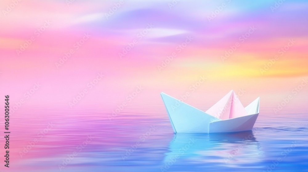 A beautiful paper boat sailing on a serene lake at sunset, surrounded by tranquil waters and a stunning colorful sky, capturing the essence of peace and calmness in nature A beautiful paper boat sailing on a serene lake at sunset, surrounded by tranquil waters and a stunning colorful sky, capturing the essence of peace and calmness in nature
