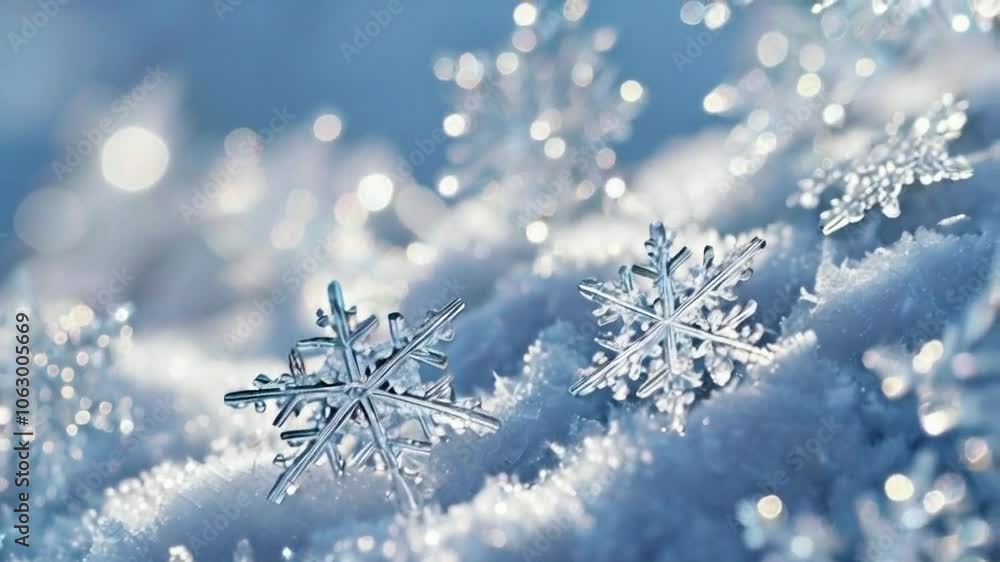 A close-up of delicate snowflakes resting on soft, sparkling snow. A close-up of delicate snowflakes resting on soft, sparkling snow.