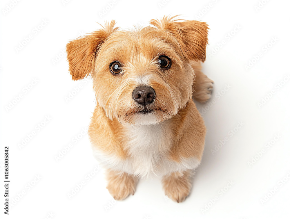 Adorable small dog with fluffy fur and expressive eyes, sitting on white background, showcasing its playful and curious nature Adorable small dog with fluffy fur and expressive eyes, sitting on white background, showcasing its playful and curious nature
