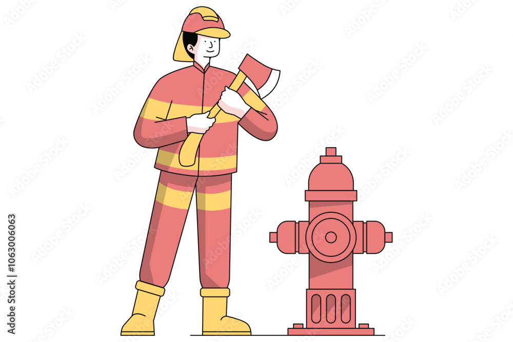 Obraz premium Firefighter with Axe and Hydrant Illustration