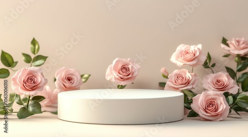 Blank podium with pink roses on pink cloud background. Showcase for any product, such perfume, jewelry and cosmetic presentation